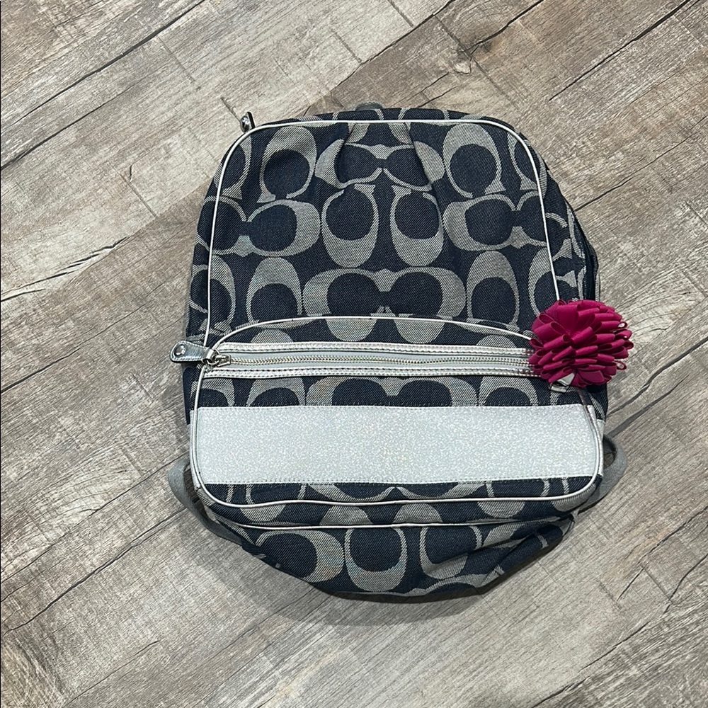 Coach Gray and Blue Patterned Backpack with Pink Accent